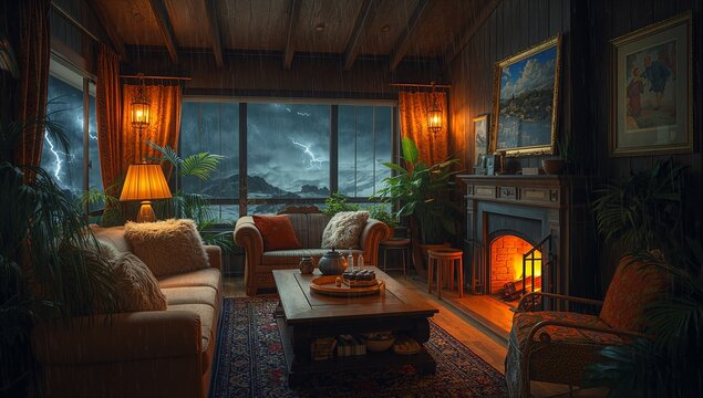 Glowing fireplace warming rustic living room at lakeside cabin, with teapot on wooden coffee table
