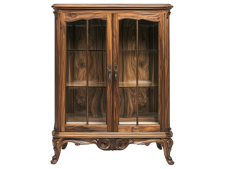 Wooden cabinet with glass doors, ornate base, showcasing textured wood grain
