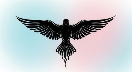Fototapeta premium A stylized black bird with wings spread wide, set against a soft gradient background. Ideal for artistic and nature-themed projects.