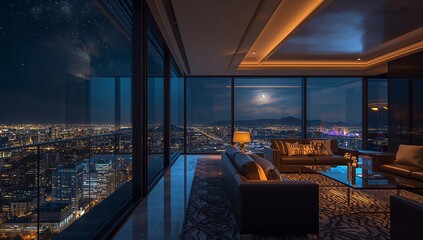 Showcasing living room at night in high-rise apt with dark sofas, floor-to-ceiling glass windows