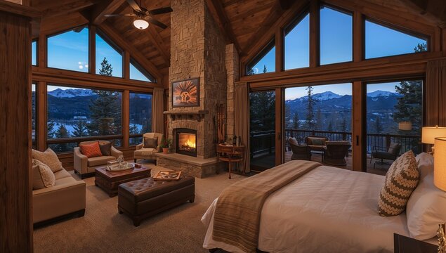 Featuring king bed on right, bedside lamp casting warm glow at mountain cabin, fireplace roaring - Powered by Adobe