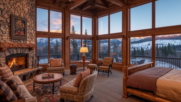 Showing seating area glowing with roaring stone fireplace and panoramic windows at mountain lodge