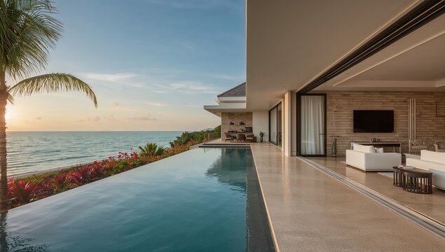 Reflecting infinity-edge pool running toward ocean on beachfront villa terrace with sliding doors