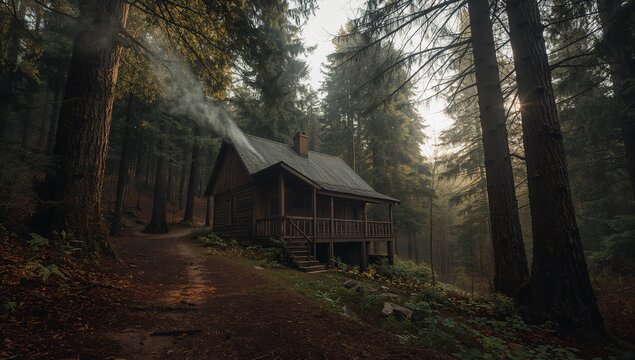 Sitting solitary wooden cabin emitting chimney smoke on misty hillside trail, with porch railing - Powered by Adobe