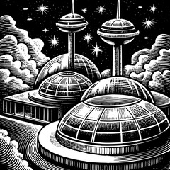 Futuristic cityscape with domes and towers under a starry sky © Mon