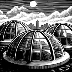 Futuristic domes under a moonlit sky with city skyline © Mon
