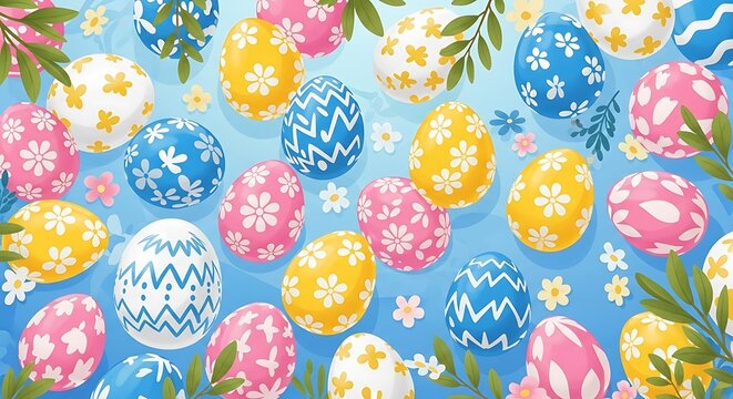 Colorful collection of decorated easter egg pattern with floral and geometric design on blue background