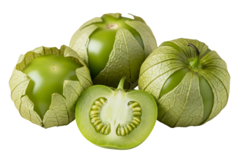 Four fresh green tomatillos, one sliced in half to show the interior seeds and pulp, isolated on transparent background