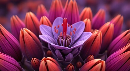 Closeup of a vibrant purple flower blooming amidst many closed orange and magenta flower buds in a macro view