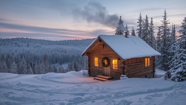 Sitting log cabin glowing through lit windows with wreath in snowy clearing at dusk, copy space