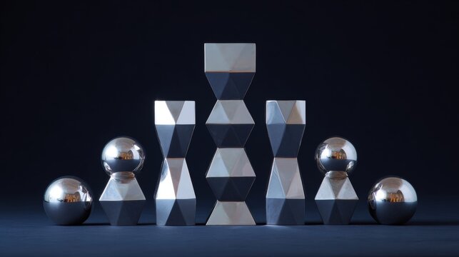 Group of six geometric objects arranged in a pyramid-like formation on a dark blue background. the objects are made of metal and have a shiny, reflective surface.