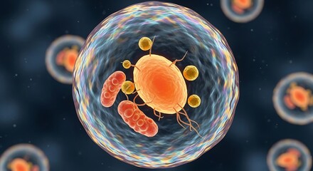 3d rendering of a eukaryotic cell containing various organelles like mitochondria and nucleus in microscopic view