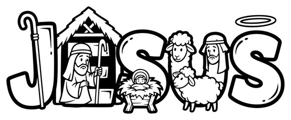 Jesus typography with nativity scene elements vector line art for coloring
