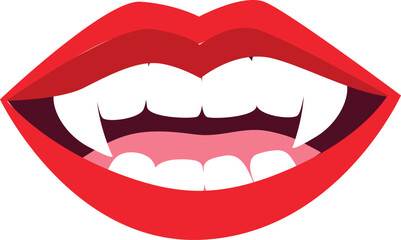 Obraz premium Vampire Female Red Lips Vector – Open Mouth with Sharp Fangs Illustration -Sexy Vampire Lips with Fangs – Horror Mouth Open Vector Art - Red Lips Vampire Bite Design – Gothic Female Fangs Clipart