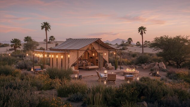 Glowing canvas tent and raised wooden deck featuring lit fire pit on sandy plain, with lanterns