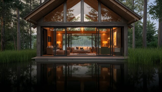 Displaying modern peaked-frame lakeside cabin glowing through tall glass panels at dusk, with sofa