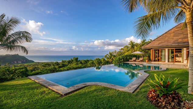 Reflecting large infinity pool merging with ocean at tropical villa, with stone coping
