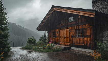 Sheltering wooden mountain cabin sitting on wet gravel clearing during steady rain, with planters