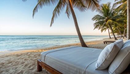 Showing wooden daybed with white mattress and pillows resting on sand at tropical beach, copy space