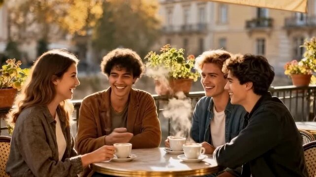 Friends Having Coffee and Conversation at Outdoor Cafe Terrace