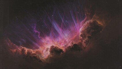 Radiating magenta nebula core sending vertical light streaks in deep space, with dark clouds