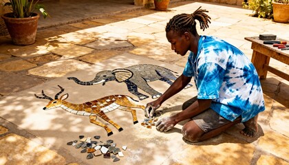 African artist creating a handmade animal mosaic on a stone patio floor. Young craftsman working with tiles to make a gazelle and elephant design