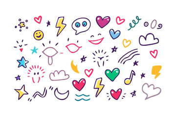 Colorful vector doodles with hearts and stars on white background