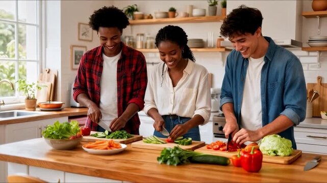 Friends Cooking Together in Modern Kitchen Team Meal Prep