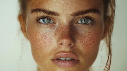 Fototapeta premium Close-up portrait of a woman experiencing hormonal changes, with focus on skin. The image captures a realistic and intimate portrayal of female health and well-being, showcasing a natural appearance.