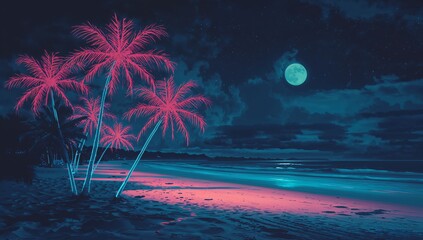 Glowing palm cluster leaning toward sea on tropical beach at night, with neon moon, copy space