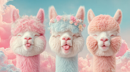 Obraz premium Drei süße Alpakas in Pastellfarben mit Blumenkranz und verspieltem Gesichtsausdruck vor Wolkenhimmel 