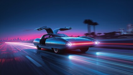 Obraz premium Racing blue sports car speeding along wet highway at dusk, gullwing doors up, red LED strip