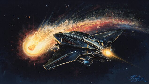 Flying spacecraft passing exploding meteor in space, showing thruster glow, signature lower right