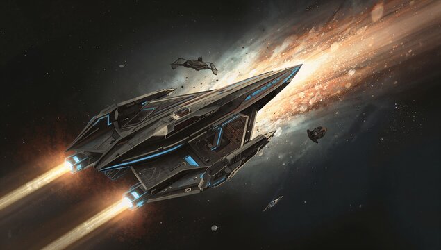 Flying angular starship blue-lit, firing twin thrusters toward luminous nebula with escort drones - Powered by Adobe