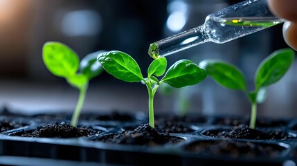 Scientist applying liquid fertilizer to young green seedlings growing in soil, demonstrating plant growth stages and agricultural research.