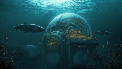 Dominating large glass-domed facility glowing with warm lights on seabed, submarines patrolling