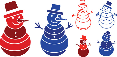 Red & blue colorful vector snowman design for festival 25 December, Happy winter holiday concept. Isolated on white  background, set with cute snowmen, clean & modern design for event. 
