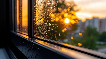 Raindrops on window glass at sunset with golden bokeh lights and urban landscape silhouette in background, creating atmospheric mood.