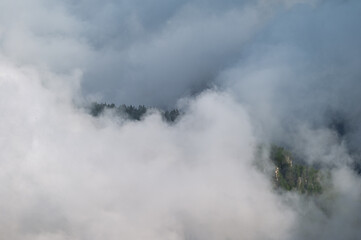 early morning foggy landscape inside Val San Nicolò, Pozza di Fassa, Dolomites, Italy