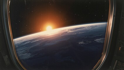 Showing spacecraft window framing Earth horizon at sunrise from orbital cabin, with metal panel