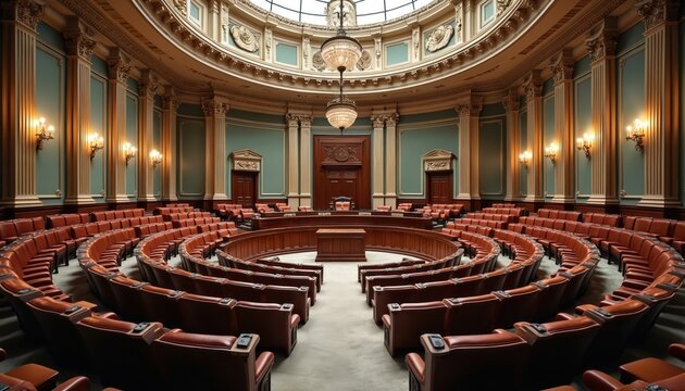 Elegant classical council chamber interior. Rows of brown leather seats curve around central wooden podium. Ornate columns, gilded moldings, chandeliers, wall sconces adorn grand hall. Formal room