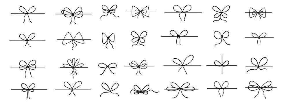Bow gift ribbon line simple element set, hand drawn doodle stroke ribbon bow, doodle gift bow, gift wrap symbols, vector illustration