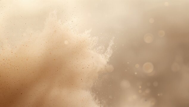 Swirling beige-tan powder plume filling studio close-up, showing fine specks, darker flecks, bokeh