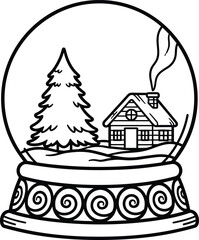 Fototapeta premium Black line art vector illustration of a cozy winter cabin next to a pine tree inside a decorative snow globe, symbolizing Christmas, holidays, and seasonal greetings.