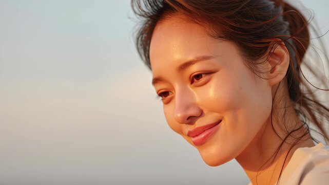 Young woman face close up natural light outdoor smiling peaceful expression glowing skin serene calm beauty sunlight portrait