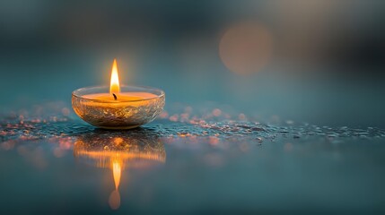 Glowing decorative oil lamp with golden flame on reflective surface against blurred teal background, creating serene atmosphere for spiritual ceremonies.