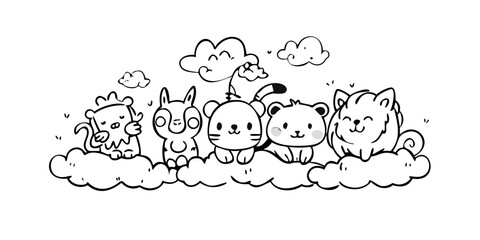 Cute cartoon animals and clouds with transparent background 1
