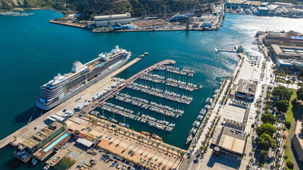Obraz premium Aerial view of seaport in Cartagena, Spain. Cruise ships and small boats moored. Travel concept.