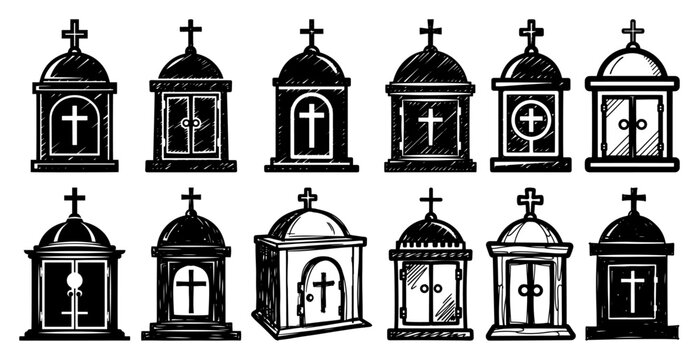 Catholic altar tabernacle icon set for storing the eucharist in church sanctuary with cross symbols