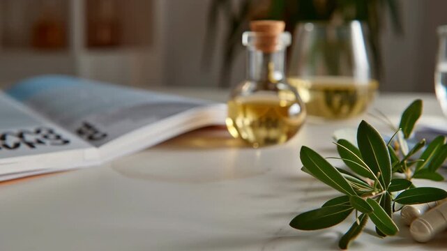Natural supplement capsule and herbal supplement capsule with green leaf and essential oil bottle promoting health care